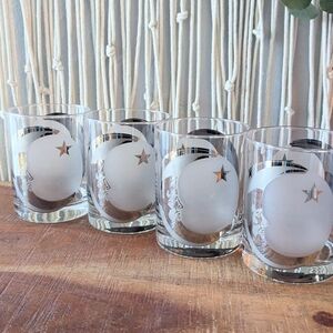 RARE SIGNED Culver Silver Man in the Moon Glasses - Set of 4 | Vintage MCM